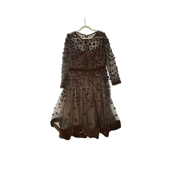 Mac Duggal 67007 Brown Embellished Illusion High Neck Long Sleeve Fit & Flare Dr - Picture 3 of 14